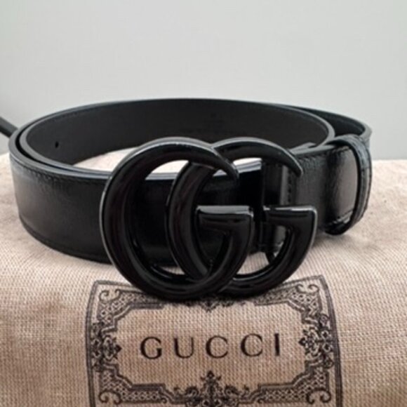 Gucci GG Marmont Thin Black Leather Belt with Black Hardware | Size 85